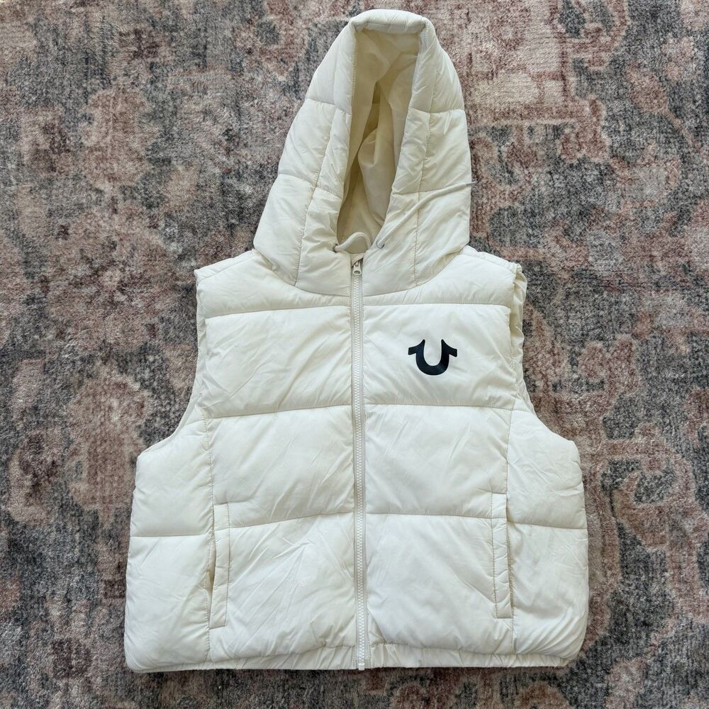 True Religion Women’s Puffer Vest White Hooded Zip Front Down Style Jacket LRG